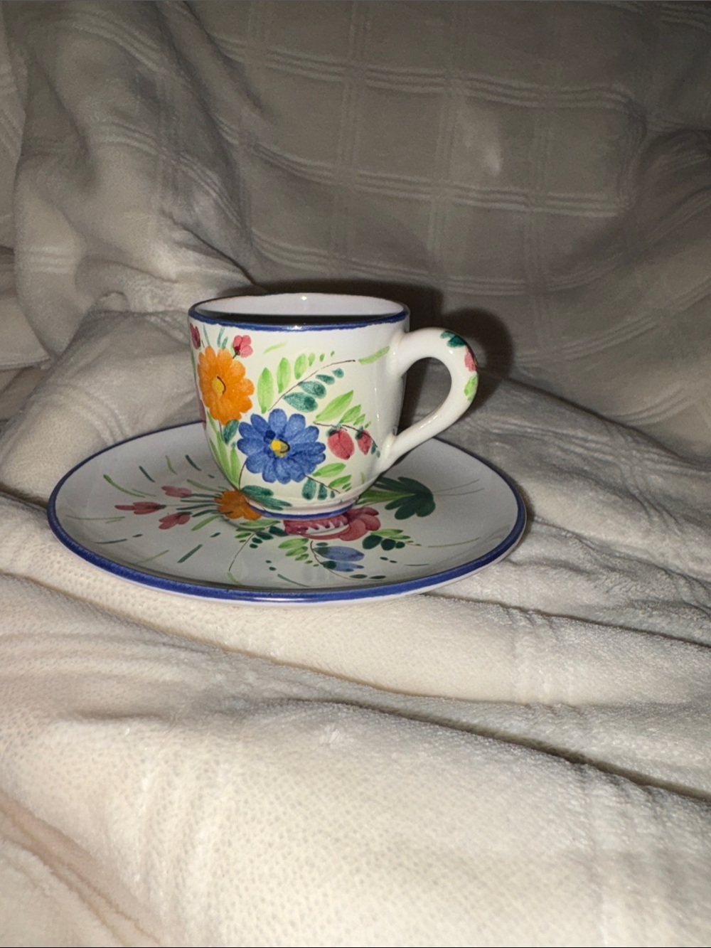 Hand-Painted Floral Espresso Demitasse Cup & Saucer Blue Trim Santarelli Italy